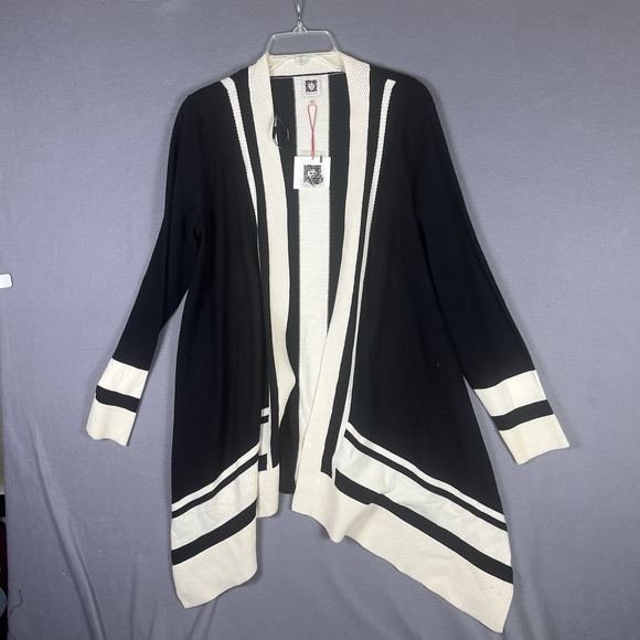 NWT ANNE KLEIN Women Small Black White Striped Open Front Cardigan Sweater - Picture 1 of 6